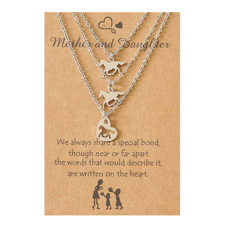 Stainless Steel Mom & Daughter Horse 3-Pieces Necklace - Gift for Mum