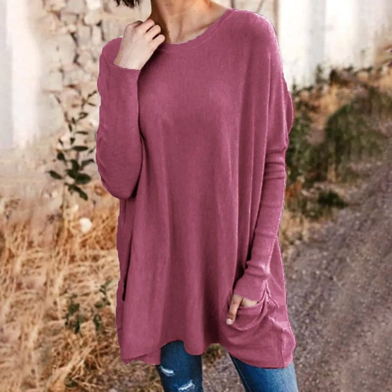 Round Neck Long Sleeve Loose Pocket Solid T-Shirt for Women