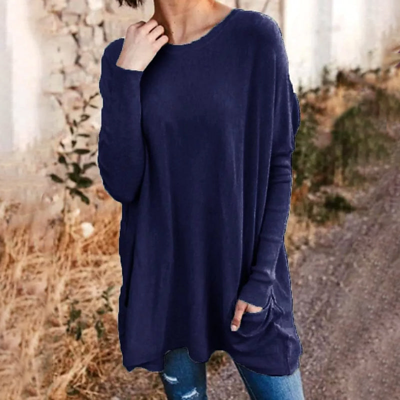 Round Neck Long Sleeve Loose Pocket Solid T-Shirt for Women