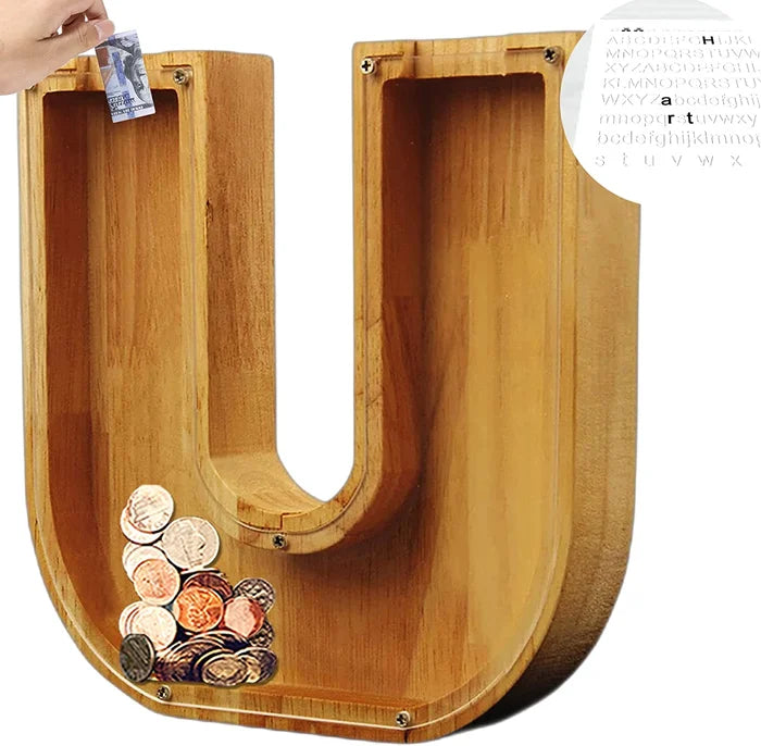 Alphabet A-Z Letter Wooden Piggy Bank Coin Box for Kids Adult Gift