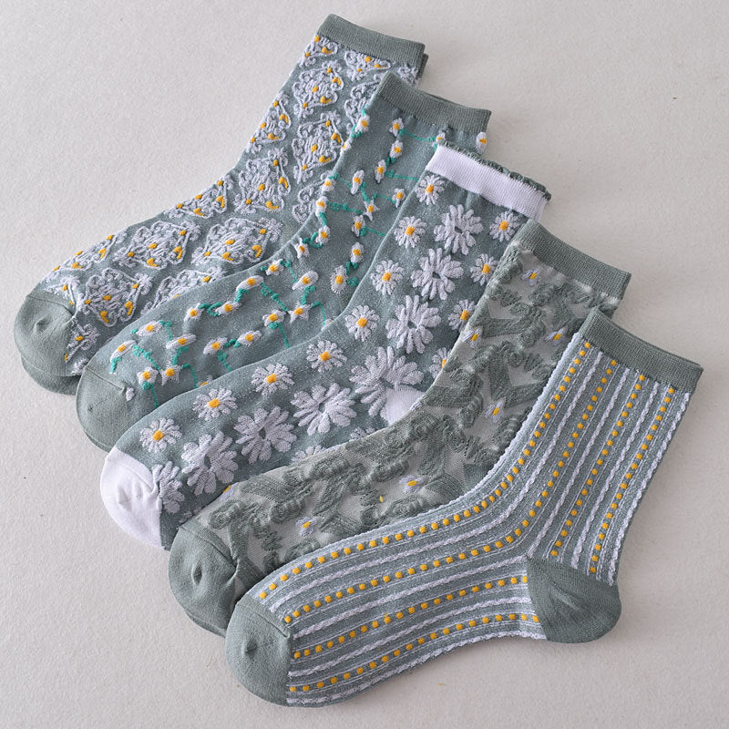5 Pairs Women's Blue Elegant Embossed Floral Cotton Socks