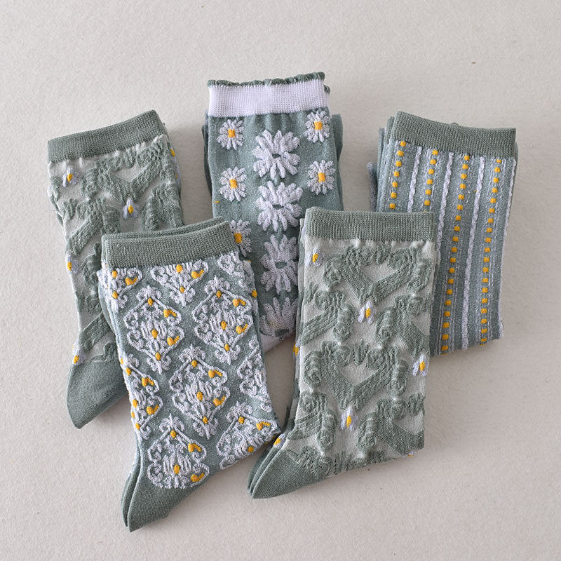 5 Pairs Women's Blue Elegant Embossed Floral Cotton Socks