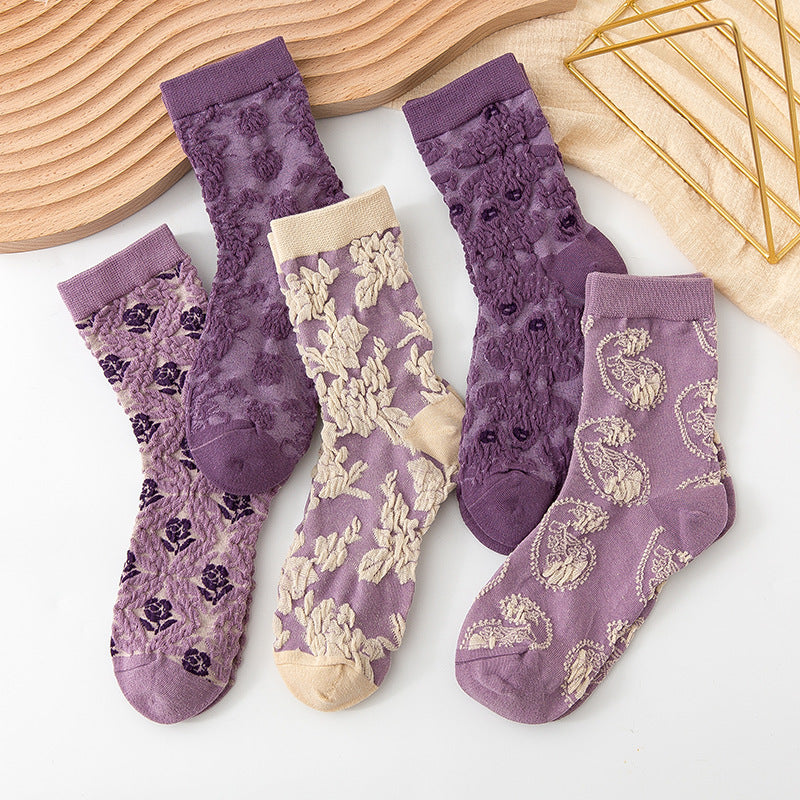 5 Pairs Women's Purple Vintage Floral Cotton Socks