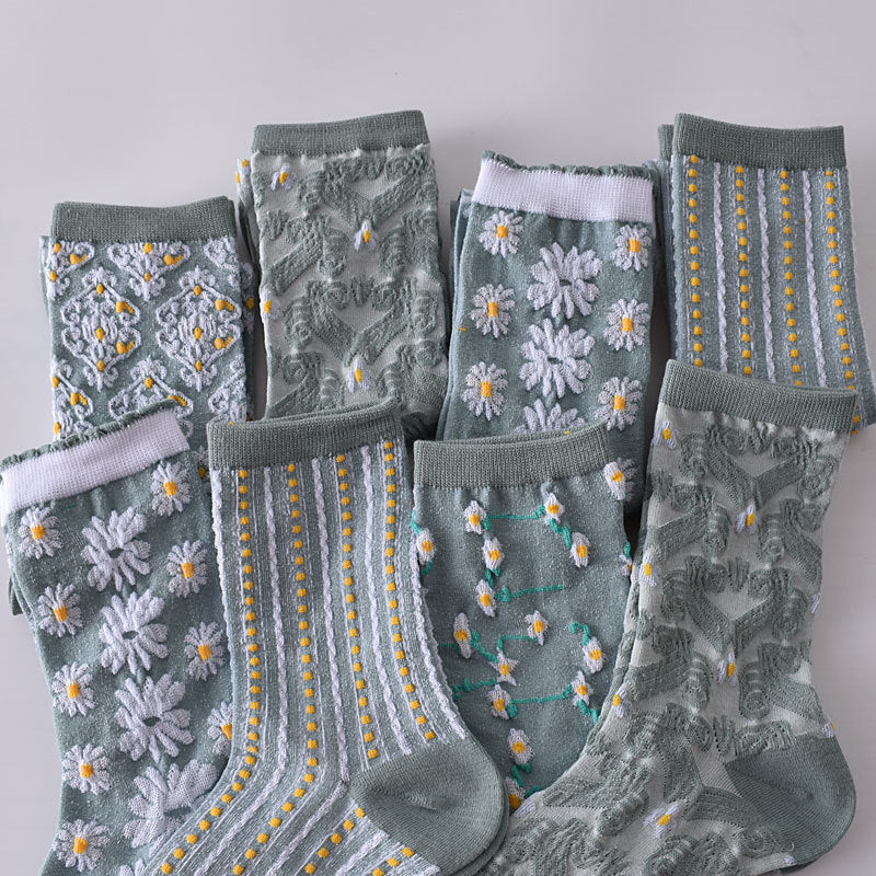 5 Pairs Women's Blue Elegant Embossed Floral Cotton Socks