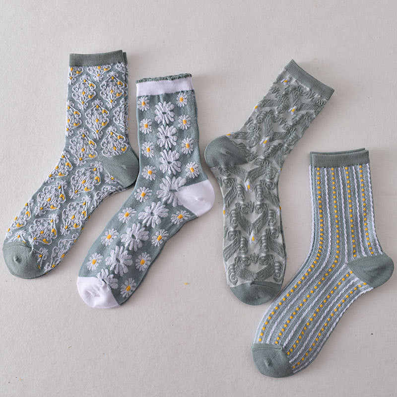 5 Pairs Women's Blue Elegant Embossed Floral Cotton Socks