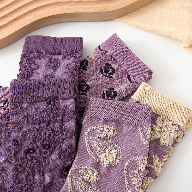 5 Pairs Women's Purple Vintage Floral Cotton Socks