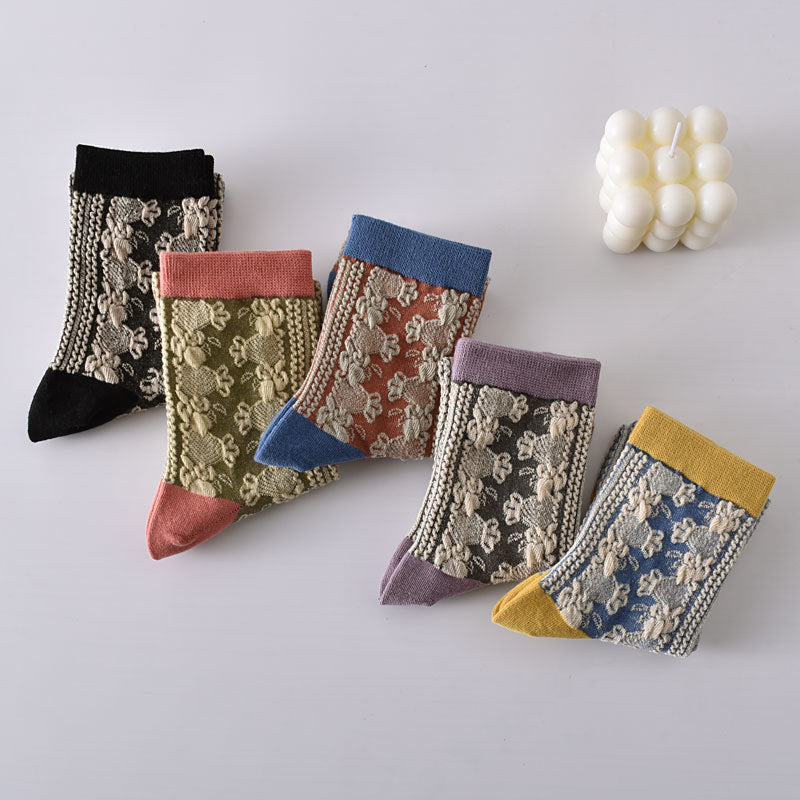 10 Pairs Women's Vintage Embossed Cotton Socks