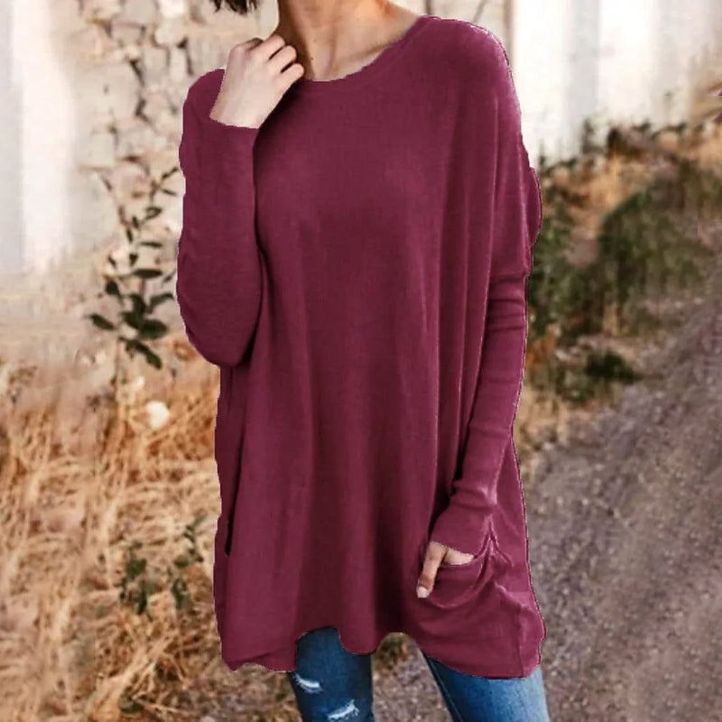 Round Neck Long Sleeve Loose Pocket Solid T-Shirt for Women