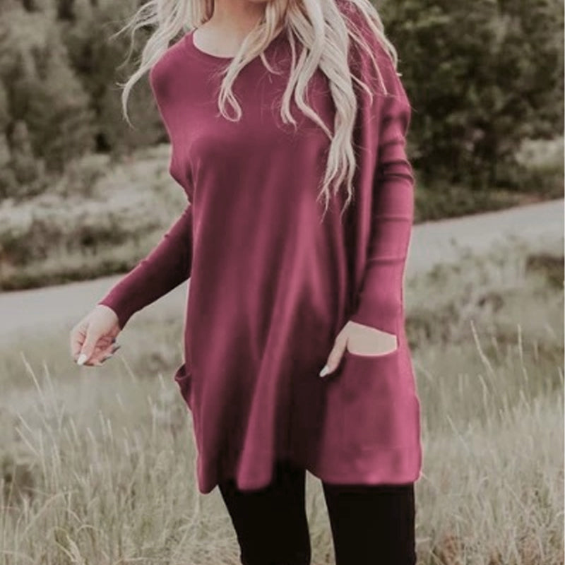 Round Neck Long Sleeve Loose Pocket Solid T-Shirt for Women