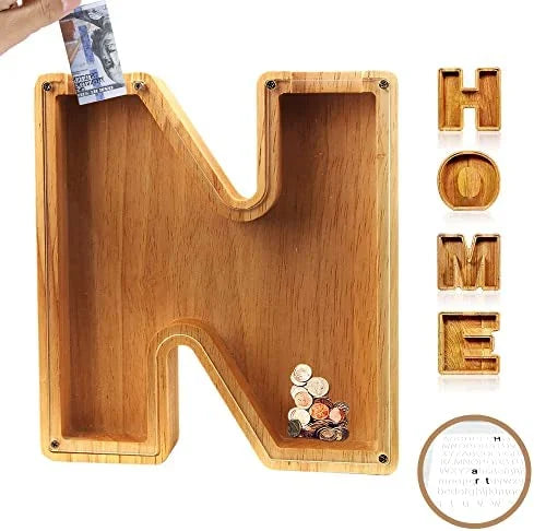 Alphabet A-Z Letter Wooden Piggy Bank Coin Box for Kids Adult Gift