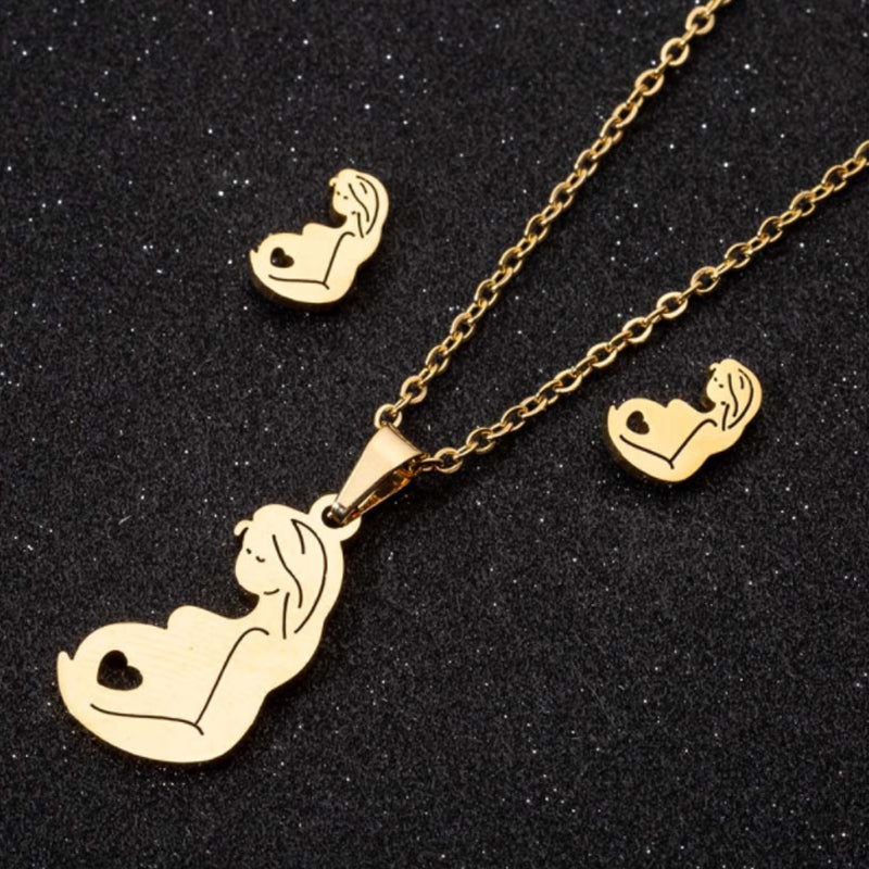 Stainless Steel Mummy-to-be Jewelry Set Necklace & Earrings Gift for New Mum