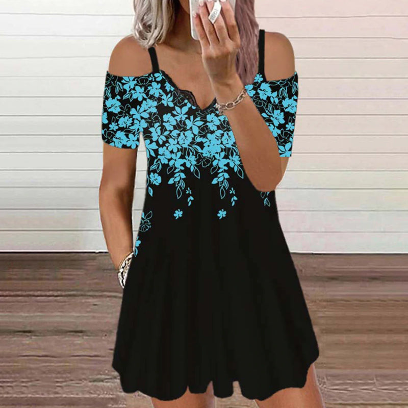 Women Fashion Lace V-Neck Floral Print Sexy Dress