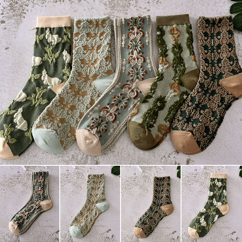 5 Pairs Women's Vintage Floral Cotton Socks
