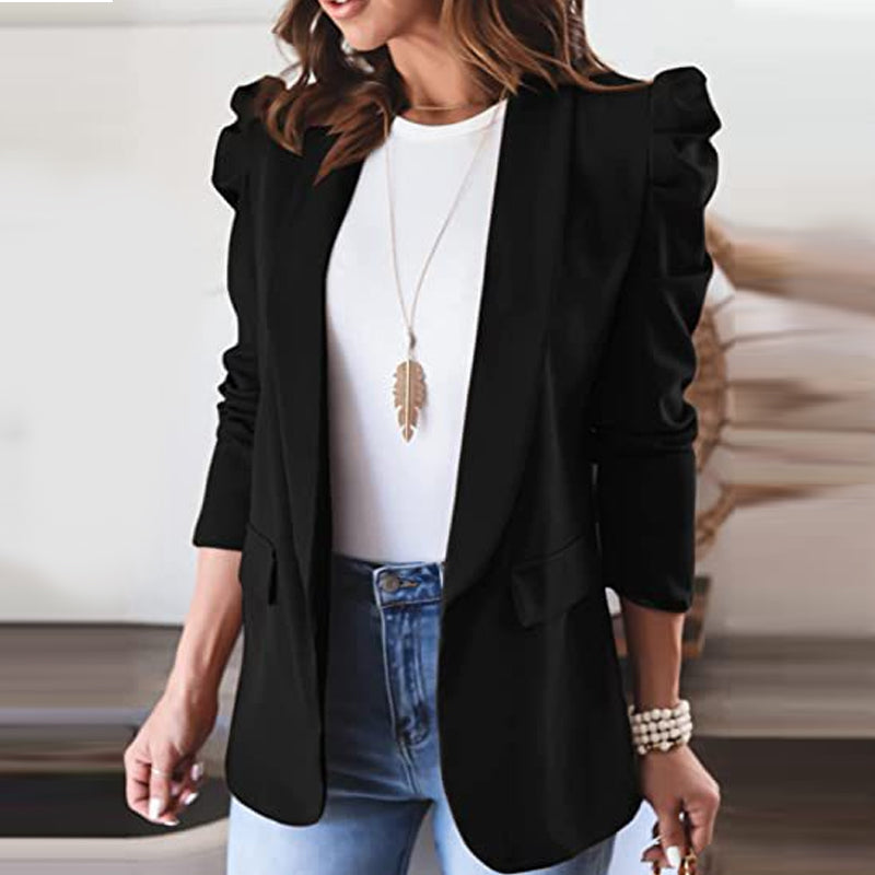 Women's Casual Lapel Blazer Puff Sleeve Open Front Work Blazer Suit