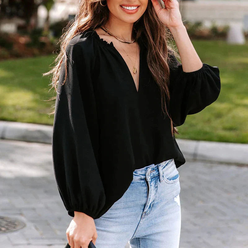 Ladies Comfy Casual V-neck Ruffle Collar Loose Blouse