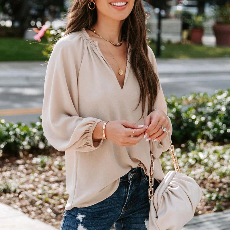 Ladies Comfy Casual V-neck Ruffle Collar Loose Blouse