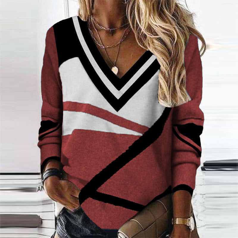 Women's Temperament V-neck Contrast Color Geometric Print Loose Long Sleeve Top
