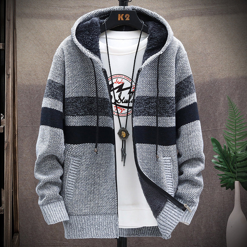 Winter Men's Striped Sweater Coat Thick Fleece Warm Hooded Cardigan