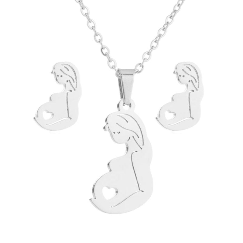 Stainless Steel Mummy-to-be Jewelry Set Necklace & Earrings Gift for New Mum