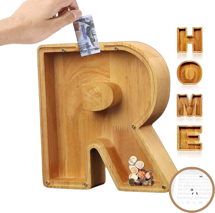Alphabet A-Z Letter Wooden Piggy Bank Coin Box for Kids Adult Gift