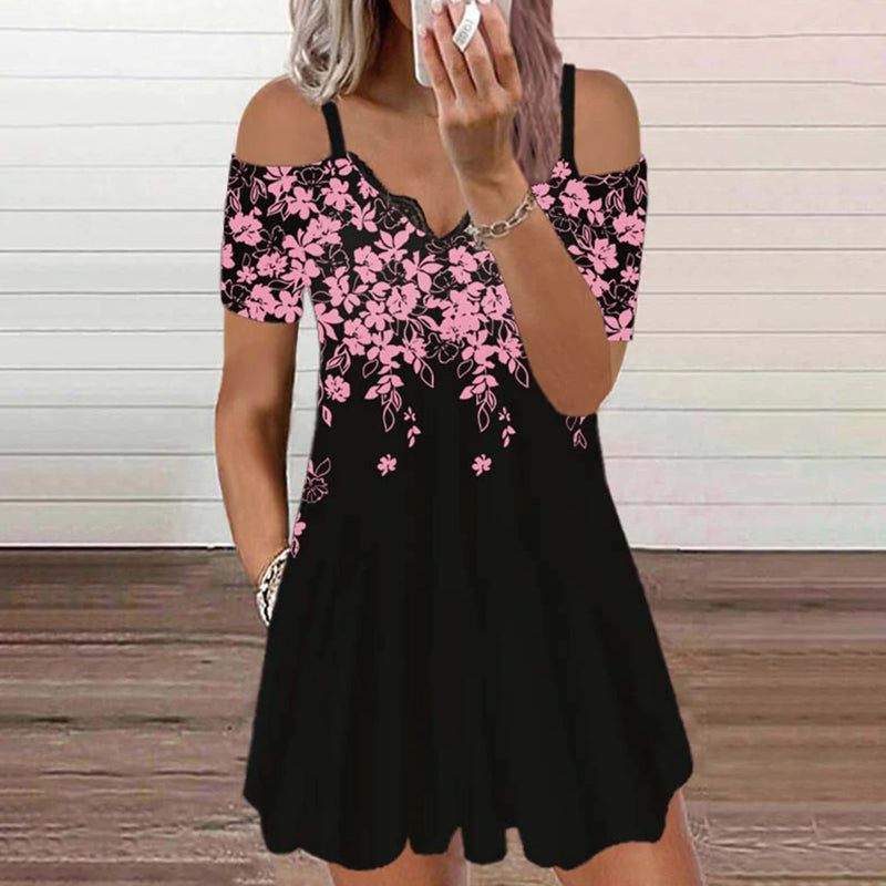 Women Fashion Lace V-Neck Floral Print Sexy Dress
