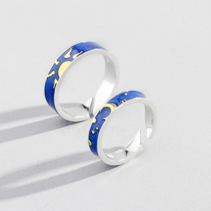 Sun and Moon Promise Couple Rings Sterling Silver Adjustable Rings