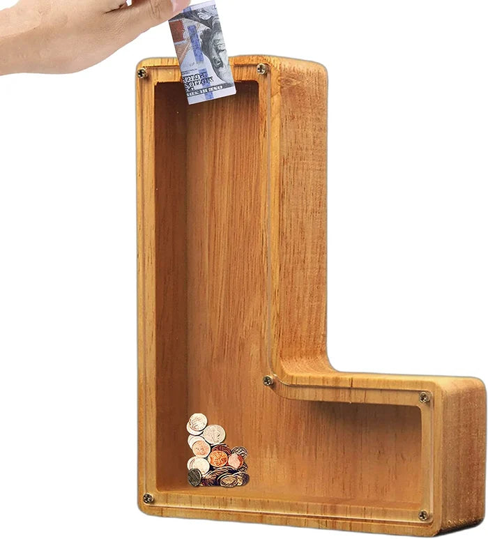 Alphabet A-Z Letter Wooden Piggy Bank Coin Box for Kids Adult Gift