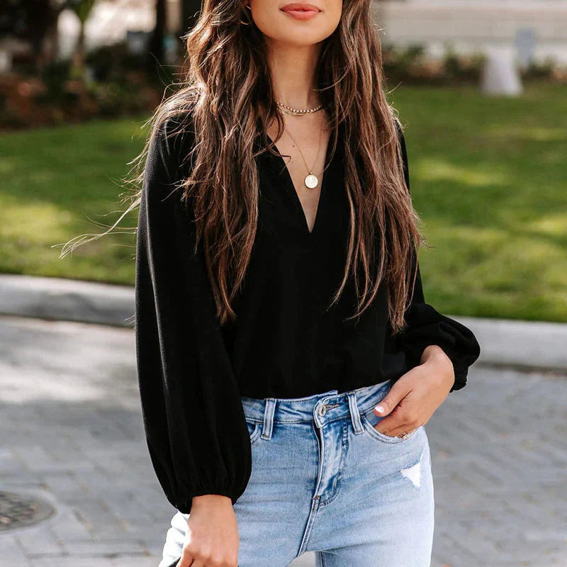 Ladies Comfy Casual V-neck Ruffle Collar Loose Blouse