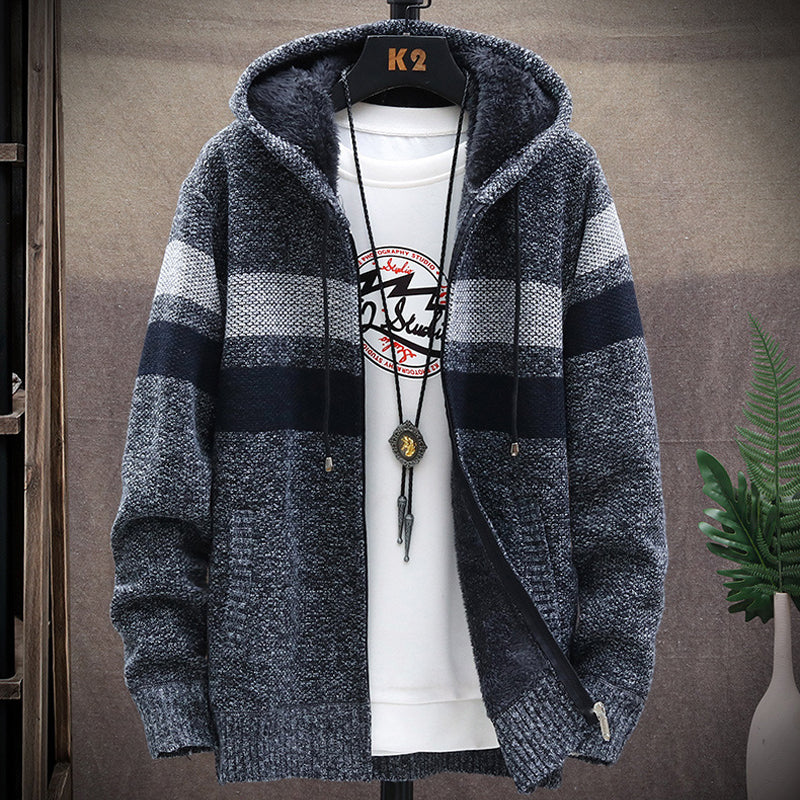 Winter Men's Striped Sweater Coat Thick Fleece Warm Hooded Cardigan
