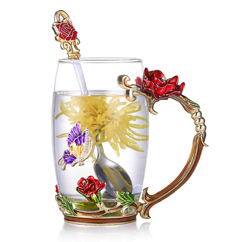 Enamel Rose Glass Tea Cup Set (With Spoon)