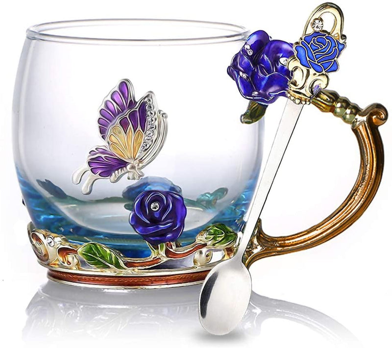 Enamel Rose Glass Tea Cup Set (With Spoon)