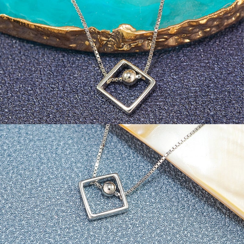 Love Ball Square Geometric Clavicle Chain s925 Sterling Silver Necklace