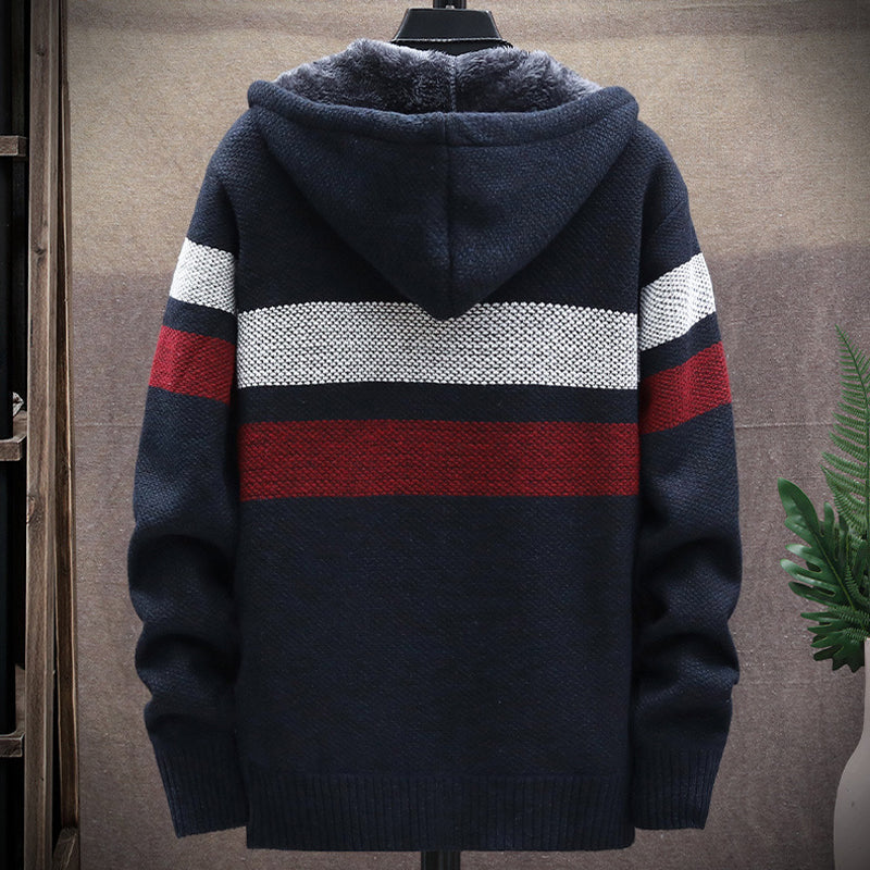 Winter Men's Striped Sweater Coat Thick Fleece Warm Hooded Cardigan