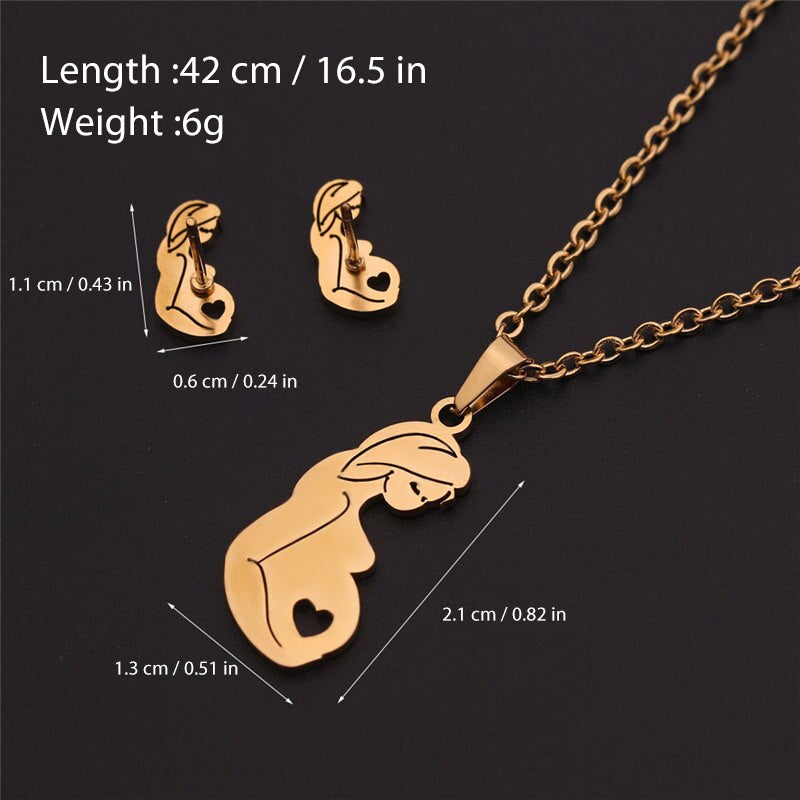 Stainless Steel Mummy-to-be Jewelry Set Necklace & Earrings Gift for New Mum