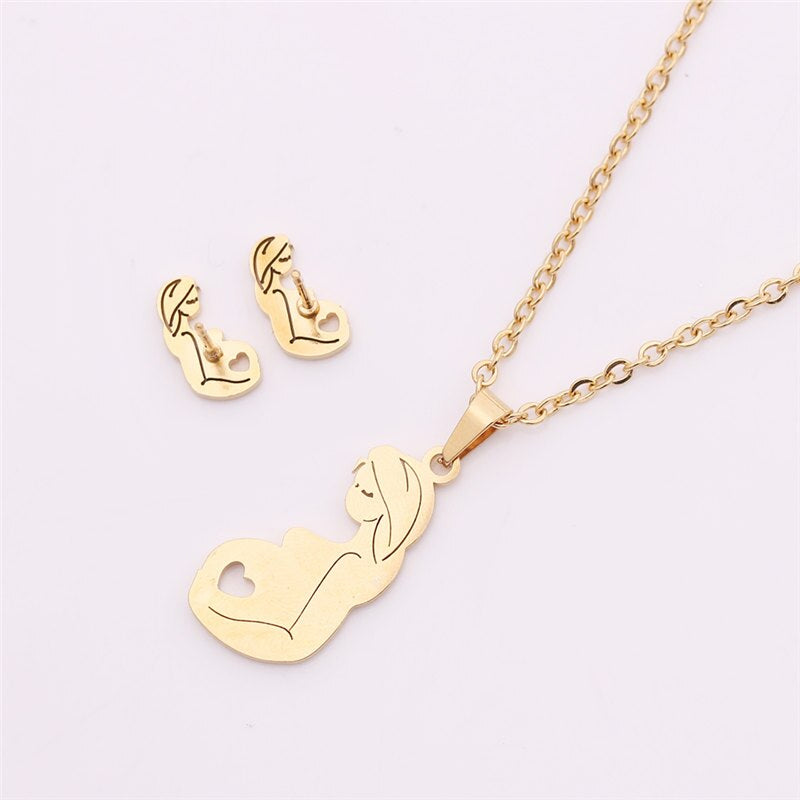 Stainless Steel Mummy-to-be Jewelry Set Necklace & Earrings Gift for New Mum