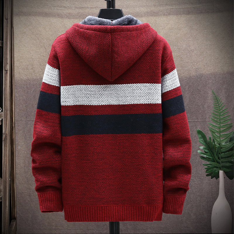 Winter Men's Striped Sweater Coat Thick Fleece Warm Hooded Cardigan