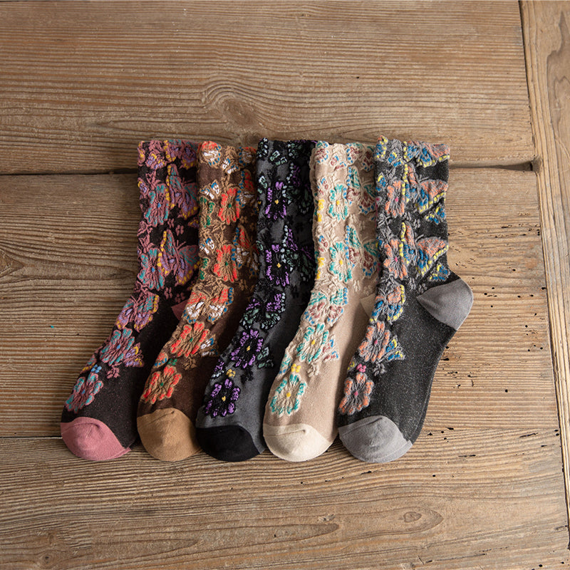 5 Pairs Women's Vintage Embossed Floral Mid-calf Socks