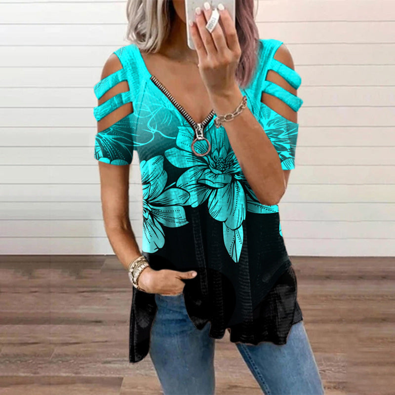 Printed V-Neck Zip T-Shirt