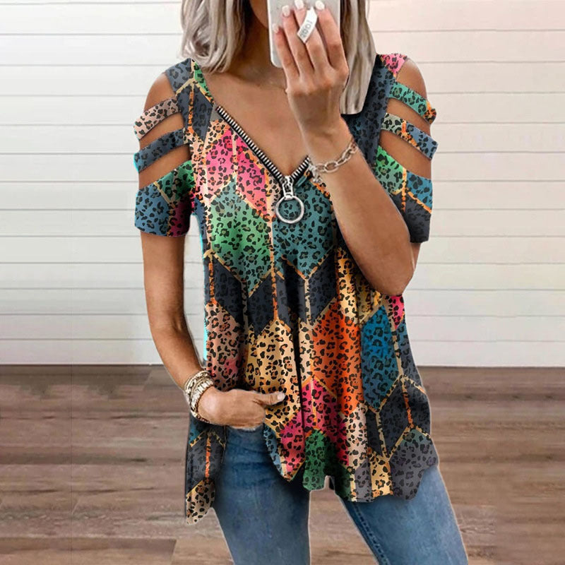 Printed V-Neck Zip T-Shirt