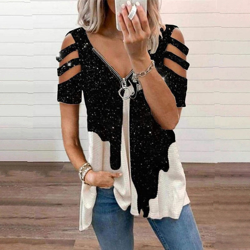 Printed V-Neck Zip T-Shirt