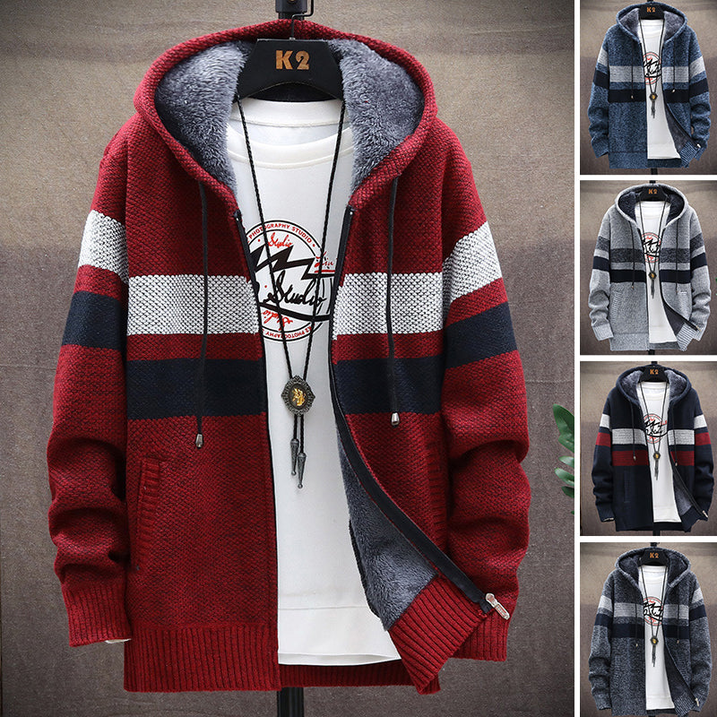 Winter Men's Striped Sweater Coat Thick Fleece Warm Hooded Cardigan