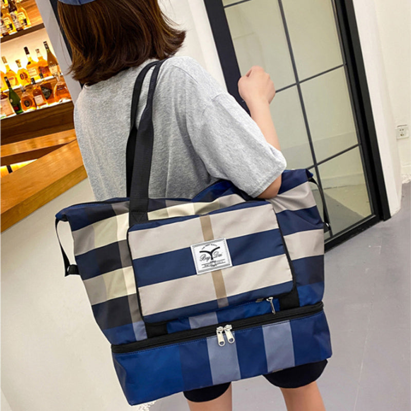 Large Ladies Weekender Nylon striped Travel Bag, Tote Bag With Zip Pocket