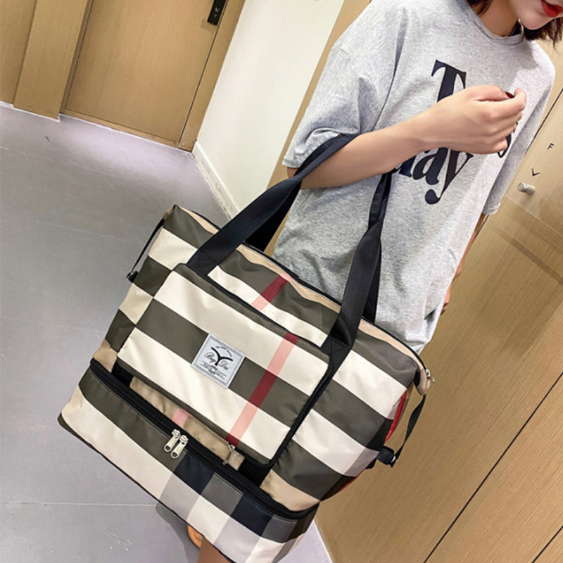 Large Ladies Weekender Nylon striped Travel Bag, Tote Bag With Zip Pocket