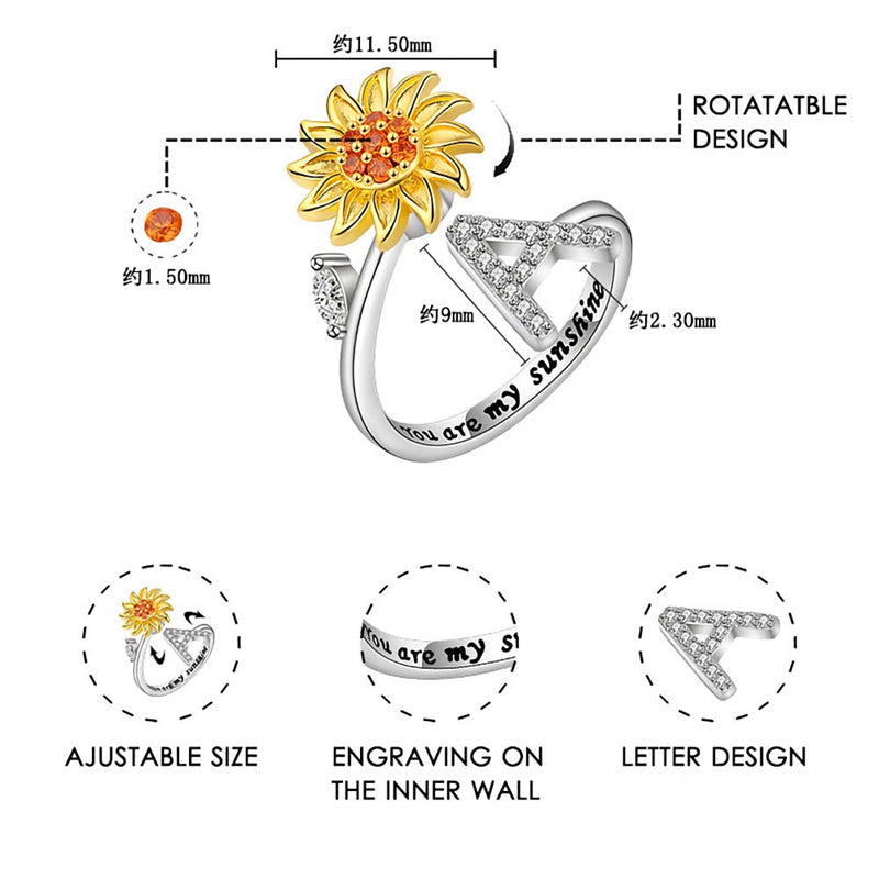 🌻Sunflower Anxiety Fidget Adjustable Ring Personalised Letter Spinner Ring