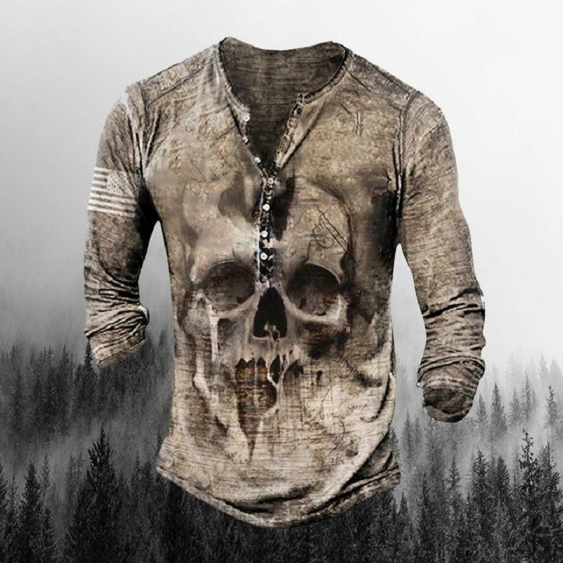 Men's Skull Retro Print Casual Top Plus Size Long Sleeve Tee Shirt