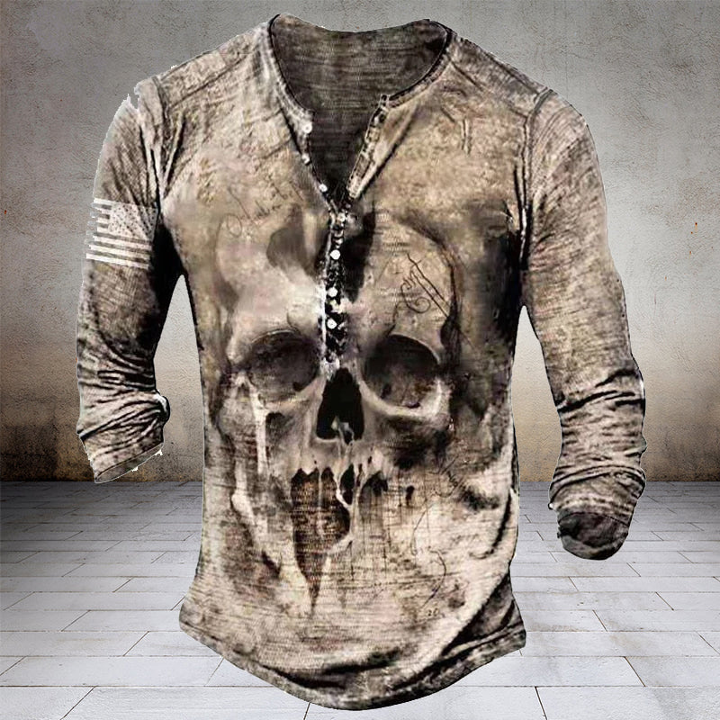 Men's Skull Retro Print Casual Top Plus Size Long Sleeve Tee Shirt