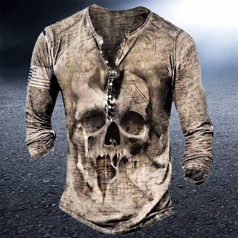 Men's Skull Retro Print Casual Top Plus Size Long Sleeve Tee Shirt