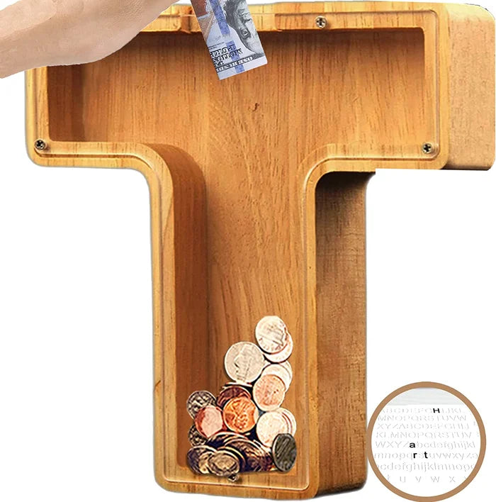 Alphabet A-Z Letter Wooden Piggy Bank Coin Box for Kids Adult Gift