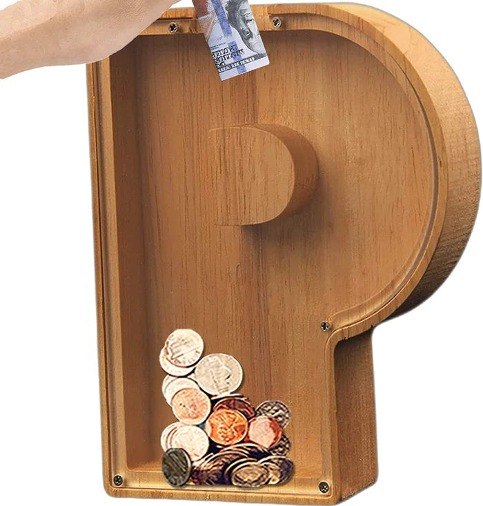 Alphabet A-Z Letter Wooden Piggy Bank Coin Box for Kids Adult Gift