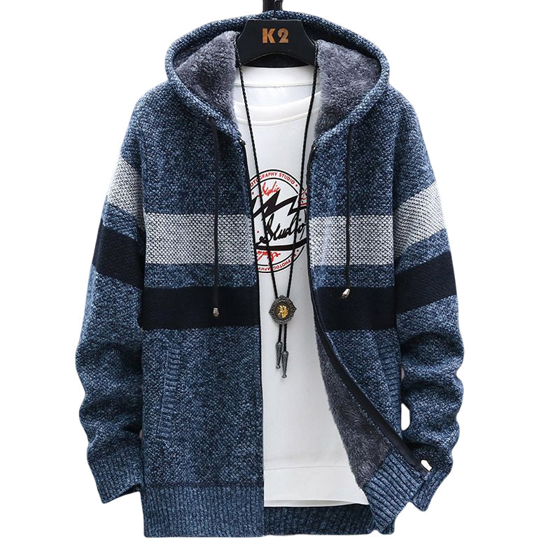 Winter Men's Striped Sweater Coat Thick Fleece Warm Hooded Cardigan